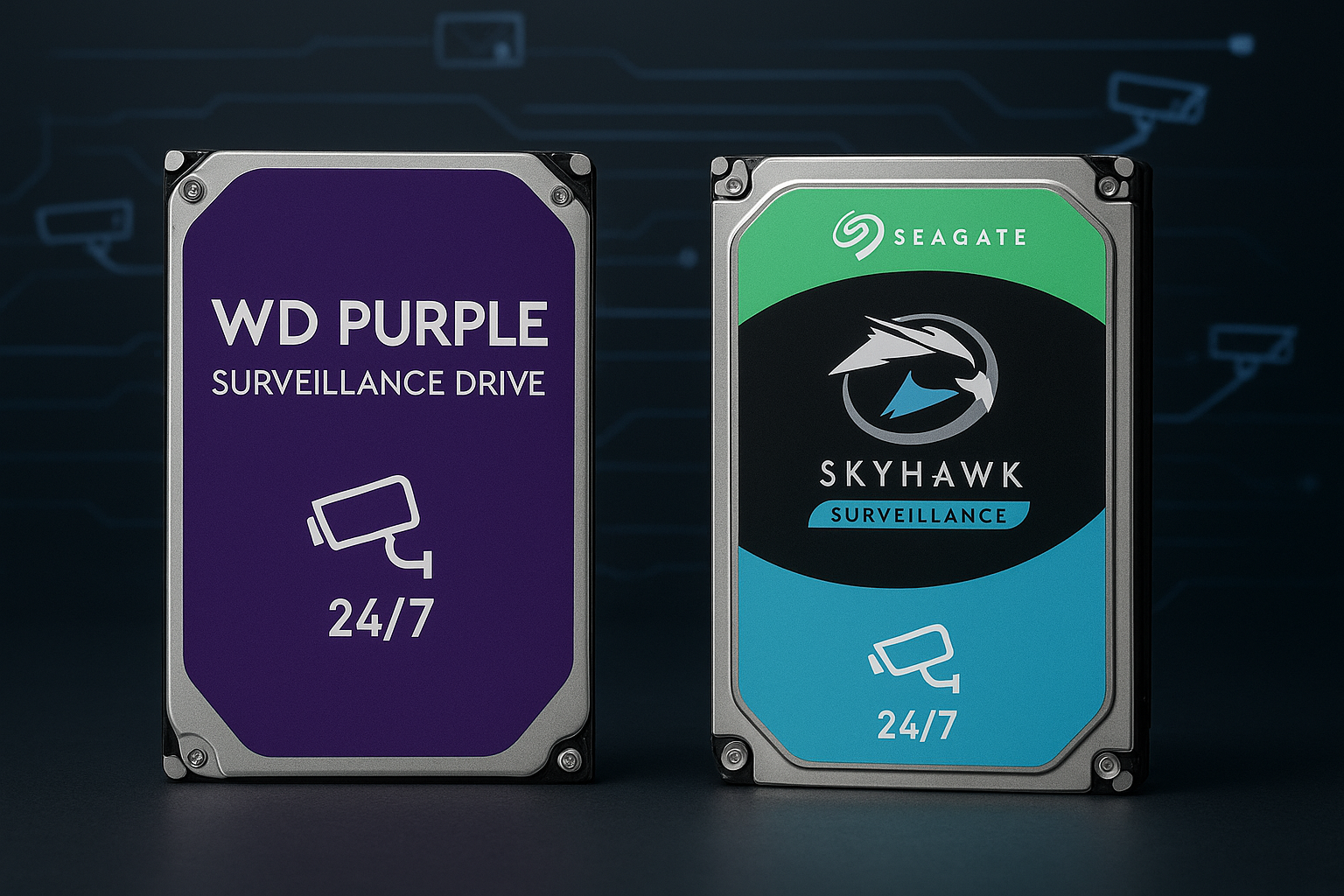 تأمين تسجيلاتك: Western Digital Purple vs. Seagate SkyHawk - مقارنة شاملة لاختيار أفضل قرص صلب (HDD) لكاميرات المراقبة.